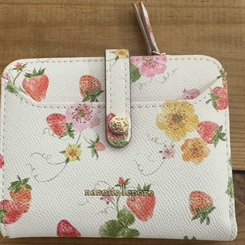 Nanette Lepore White Floral & Strawberry Zip-Accent Wallet
